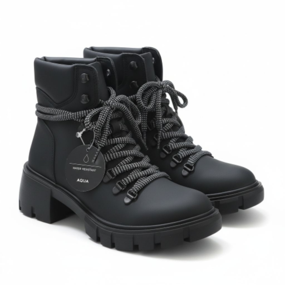 Aqua Reign Platform Moto Combat Lace-Up Boot Black Womens Size 7.5 NWT NIB